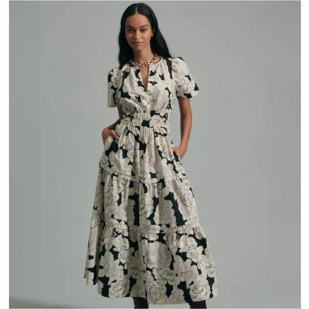 Anthropologie Somerset Black and Sand Floral Maxi Dress